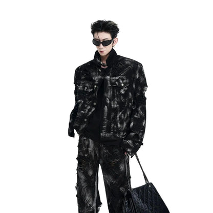 Men's long pants denim jacket with washed graffiti American street style design