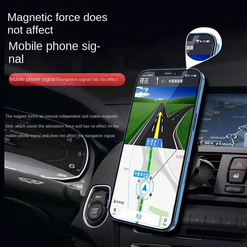 Black aluminium alloy magnetic phone holder clipped onto a car air vent, holding a smartphone securely.