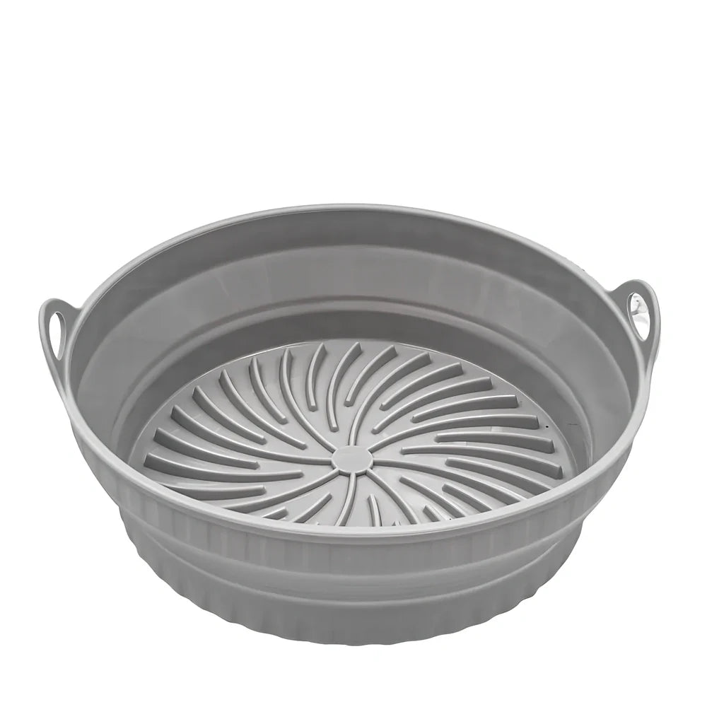 Square and round silicone air fryer liners with non-slip base in five colours including grey and pink