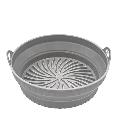 Square and round silicone air fryer liners with non-slip base in five colours including grey and pink