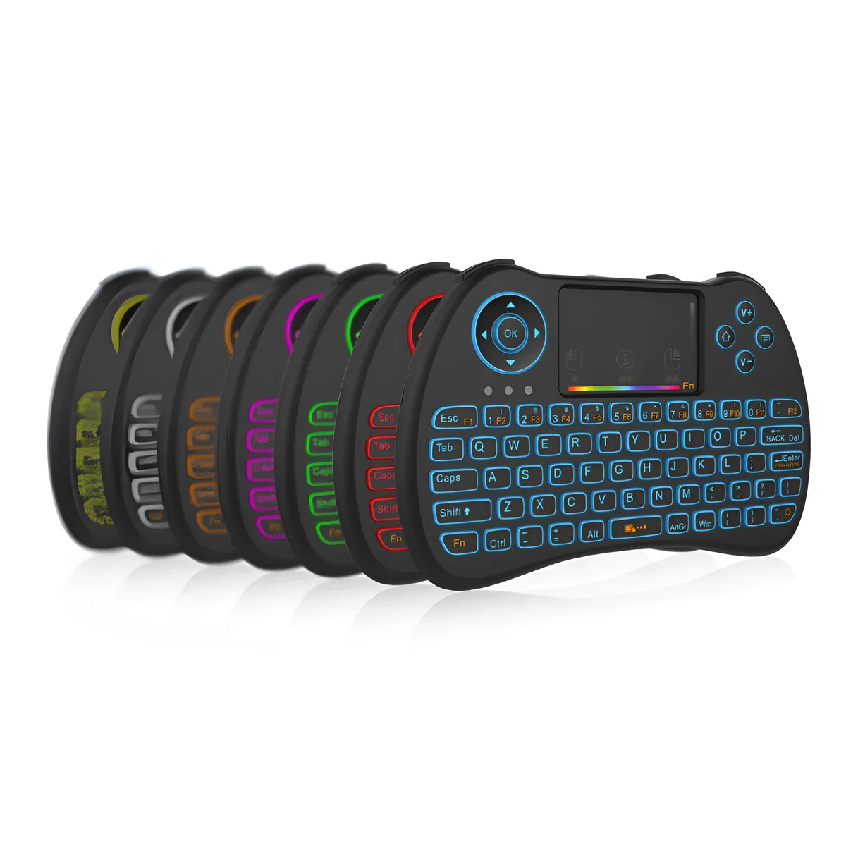 H9 wireless backlit touch remote control keyboard with colourful keys and white backlight, compact 14x9.1x1.7cm design.