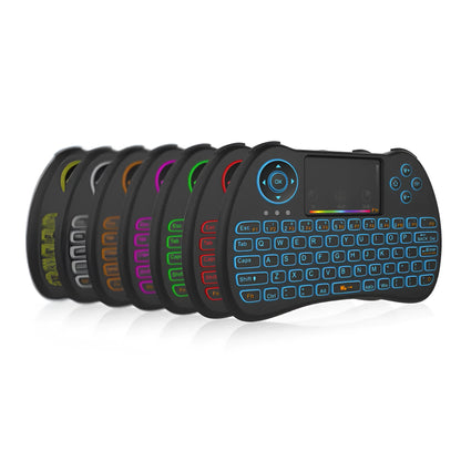 H9 wireless backlit touch remote control keyboard with colourful keys and white backlight, compact 14x9.1x1.7cm design.