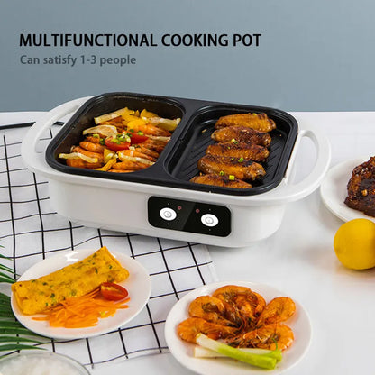 White or green dual-function electric hot pot and frying oven appliance with mechanical controls