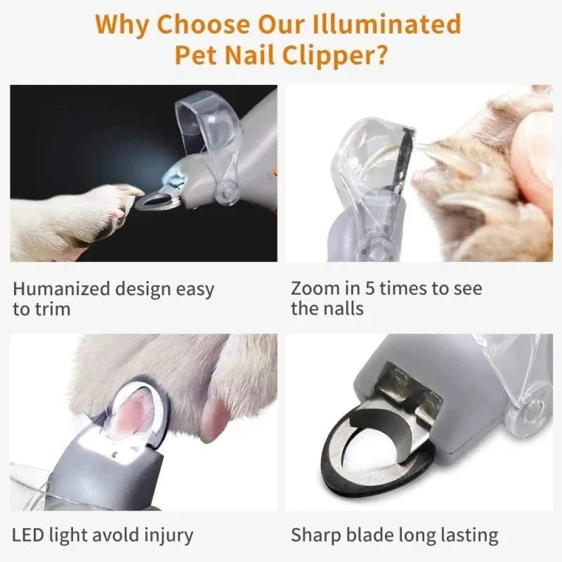Yellow plastic pet nail clipper with LED light and magnifying lens for dog and cat grooming