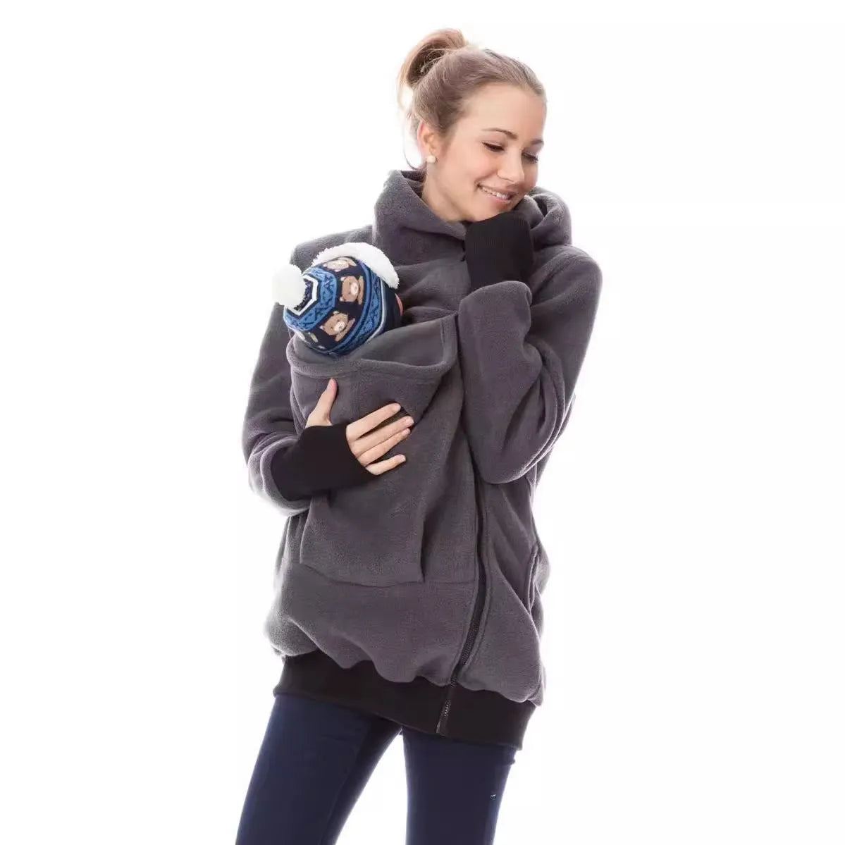 Women's red polar fleece loose fit sweater with long sleeves for autumn winter wear