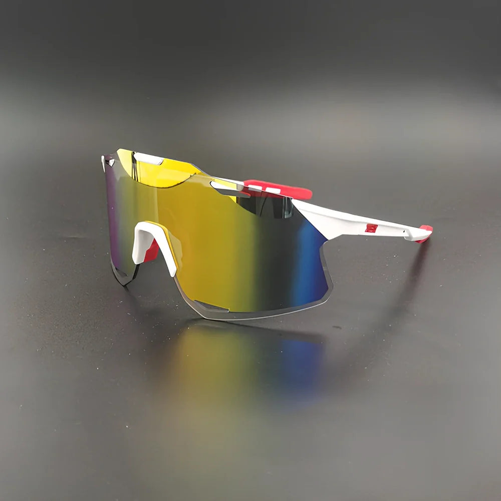 Cycling glasses with interchangeable lenses showing UV400 protection and lightweight frame design