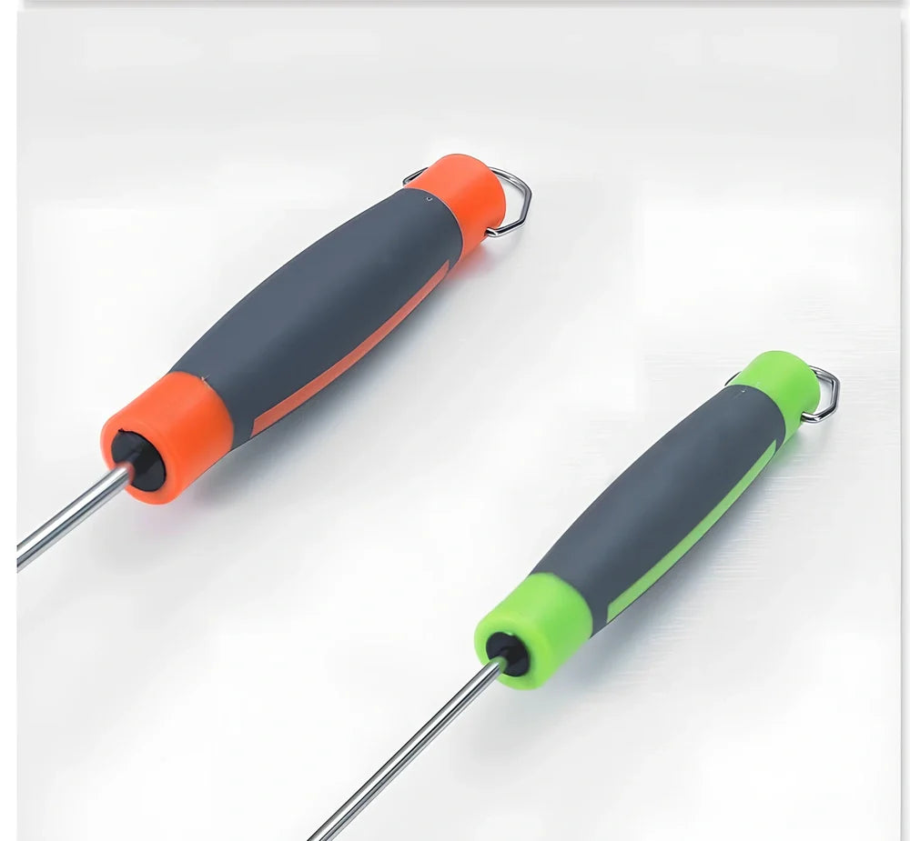 Stainless steel manual egg beater showing three size options with green and orange handles