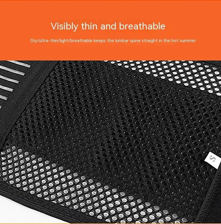 Black sports waist support belt with steel plate for lumbar decompression during fitness and sports.