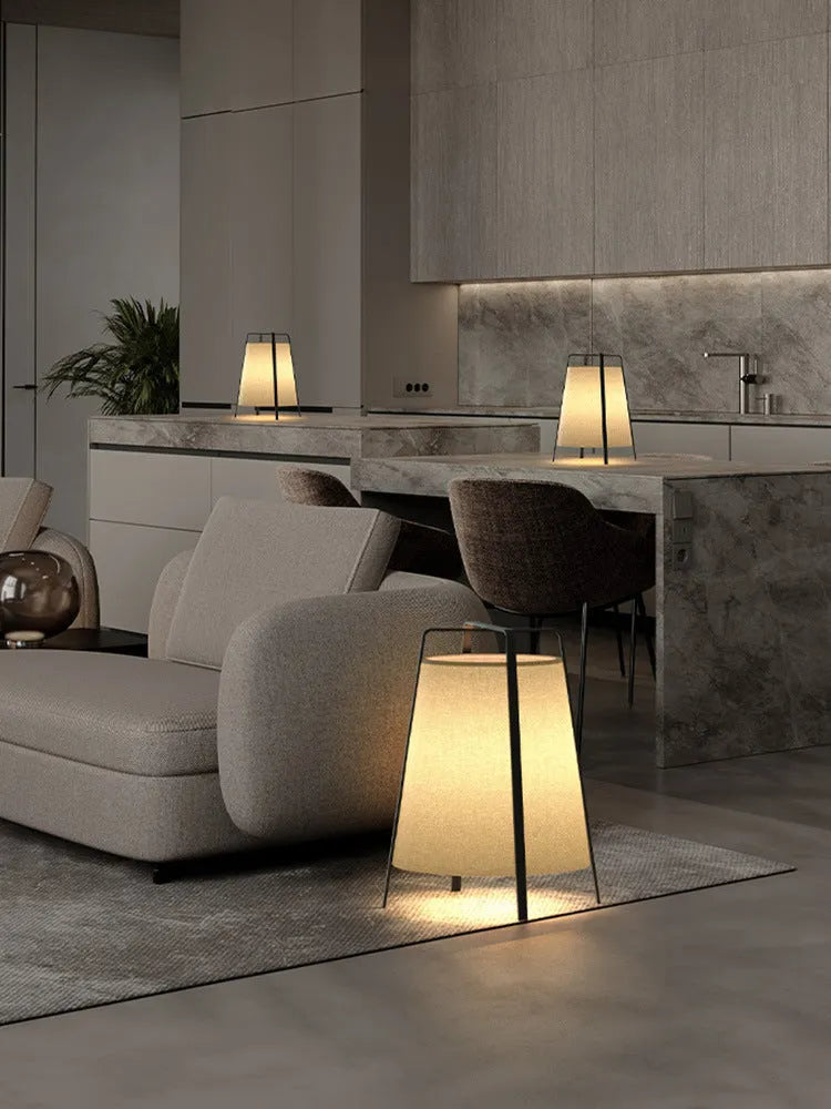Japanese wabi-sabi floor lamp with cloth shade, iron frame, LED light source and push-button switch