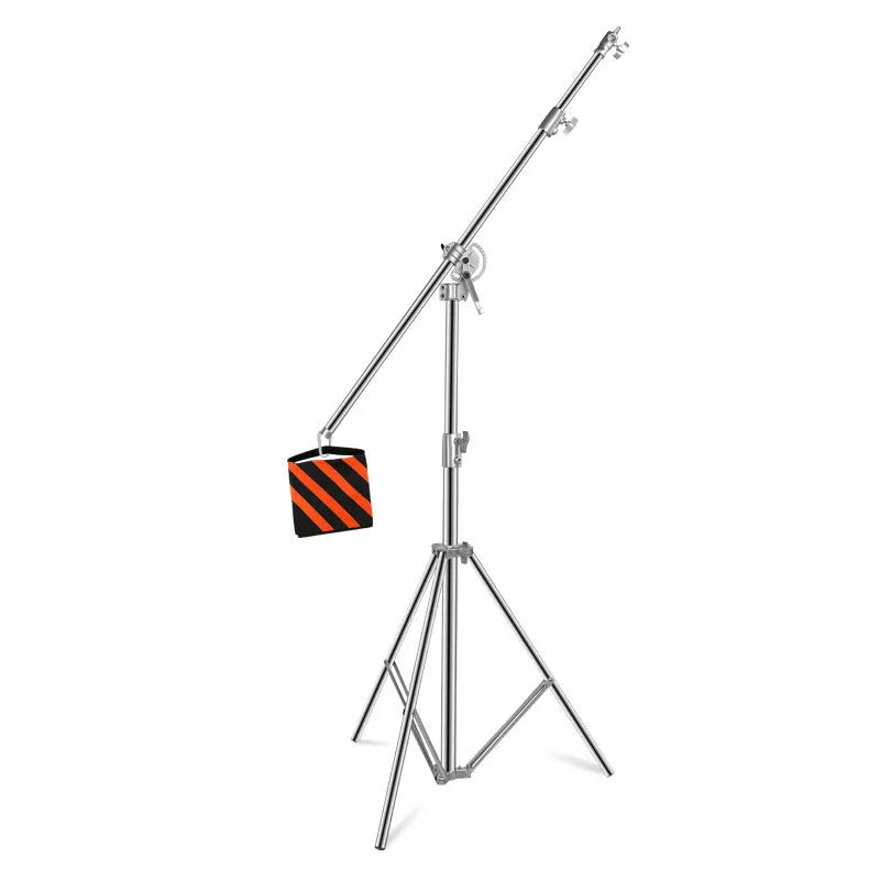 Silver stainless steel ceiling lamp rack with adjustable cross arms extended to full 3.8 metre height