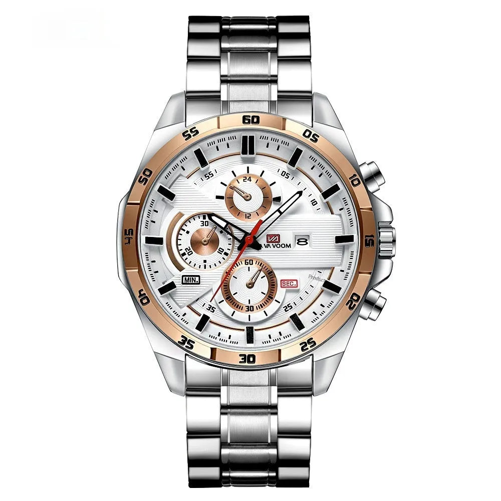 Men's business calendar waterproof quartz watch showing nine colour variants with 10mm thickness