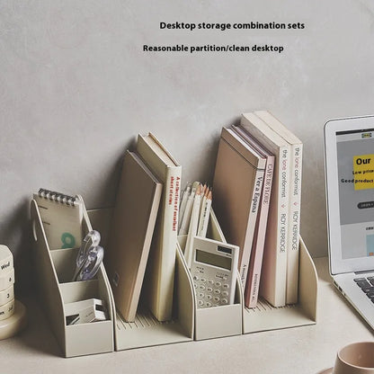 Two-tier plastic desktop storage box in milk coffee colour, dimensions 14.5x17x22cm