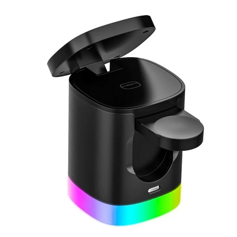 3-in-1 magnetic wireless charging station with RGB lighting for smartphones, smartwatches, and wireless earbuds