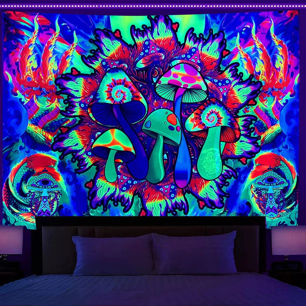 Simple mushroom tree of life fluorescent print polyester tapestry, 150x200cm size hanging on wall with subtle glow