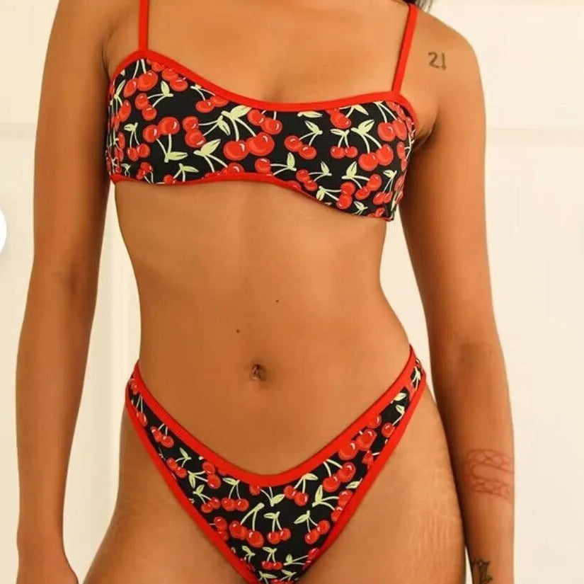 Women's cherry print floral bikini swimsuit with a tube top and brief style bottom.