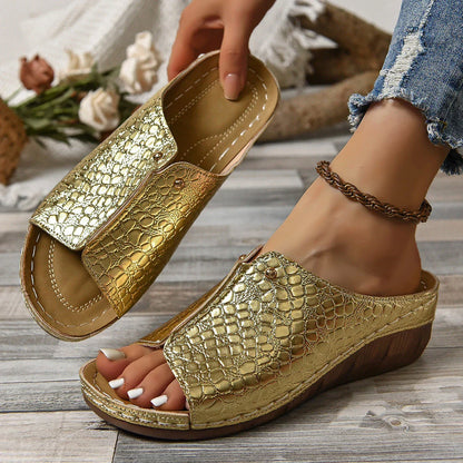 Stylish crocodile-texture wedge sandals for women in various colors and sizes