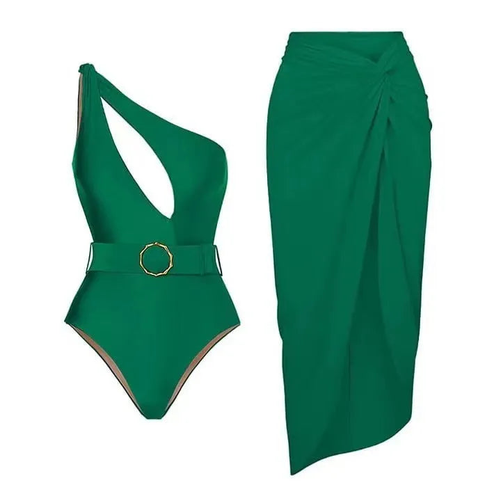 Women's polyester swimsuit with gauze skirt in double shoulder and oblique shoulder styles