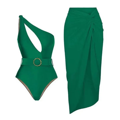 Women's polyester swimsuit with gauze skirt in double shoulder and oblique shoulder styles