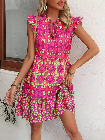Printed sleeveless V-neck lace-up summer dress in rose red