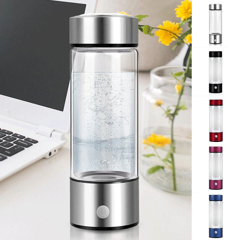 Premium hydrogen water bottle with rechargeable generator, crafted with borosilicate glass for improved cellular health and hydration