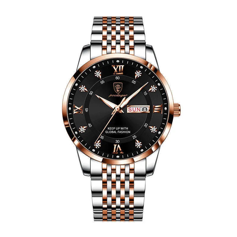Men's Seiko quartz watch with 43mm round dial, stainless steel strap, 50m water resistance, luminous calendar, sapphire crystal glass