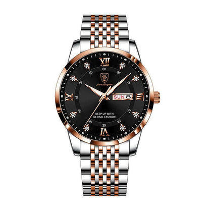 Men's Seiko quartz watch with 43mm round dial, stainless steel strap, 50m water resistance, luminous calendar, sapphire crystal glass