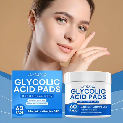 Glycolic acid cotton cloth pads in 60-count pack for facial exfoliation skincare