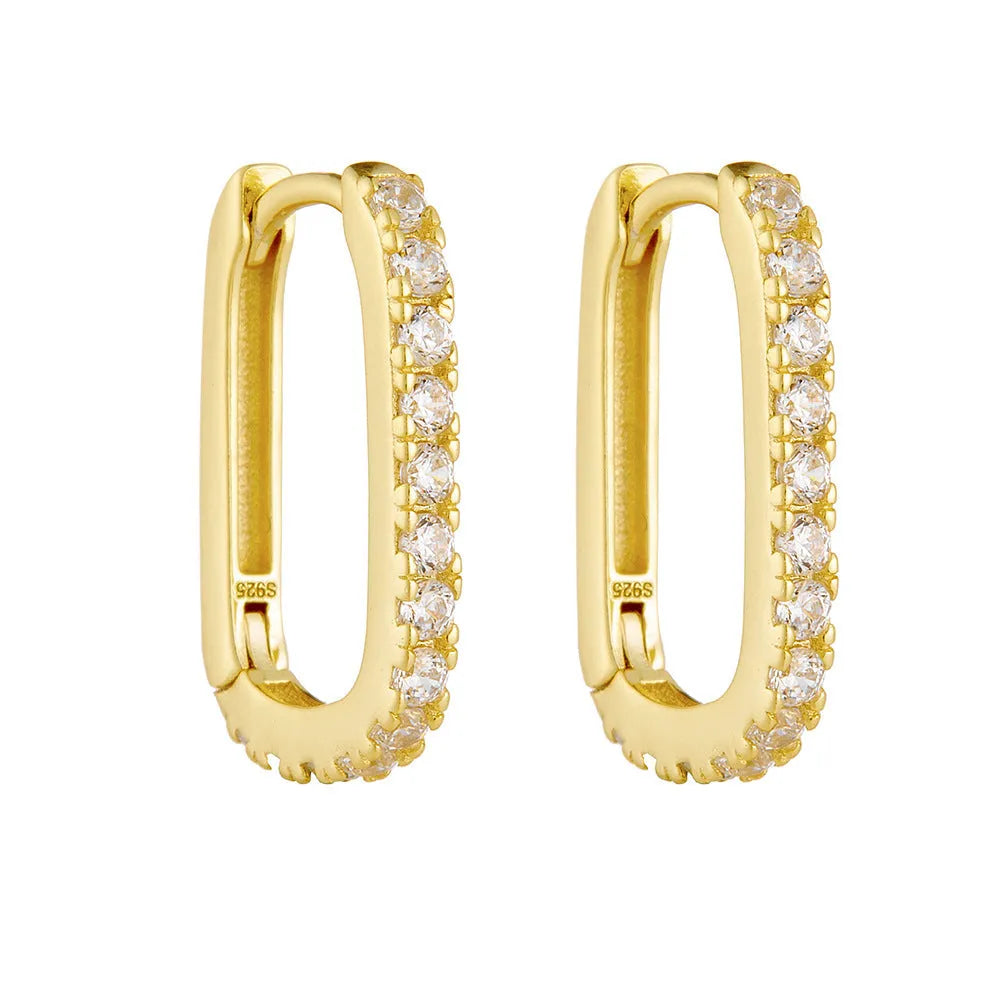 S925 sterling silver oval zircon earrings with geometric design and ear clip back