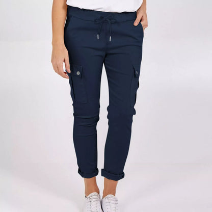 Women's casual cargo pants in royal blue, navy blue, and apricot with drawstring waist and multiple pockets