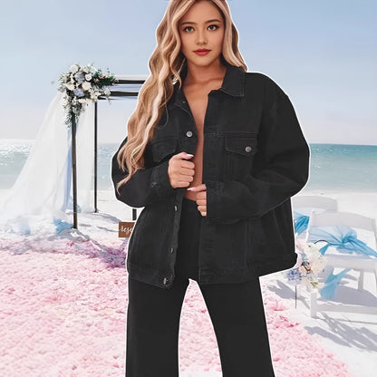 Women's black cotton denim jacket top with long sleeves and loose fit, sizes S to 2XL