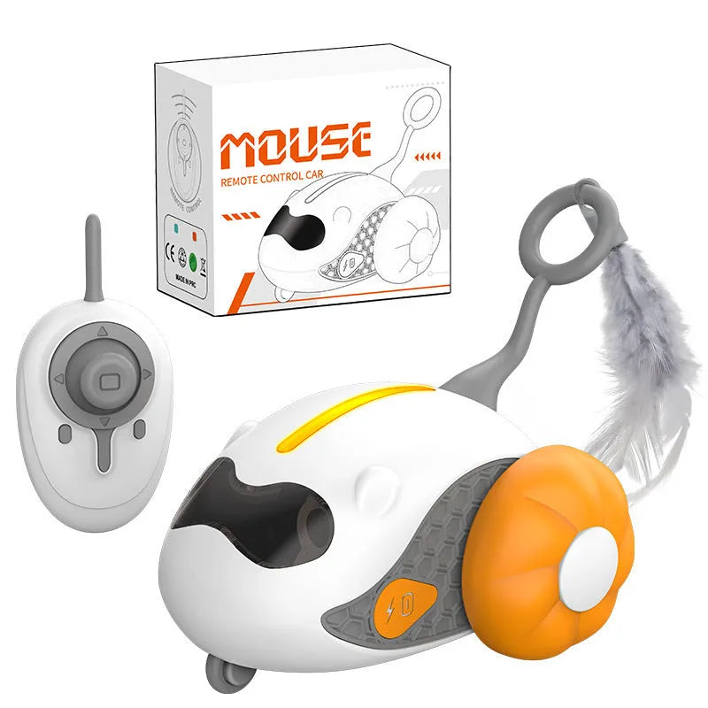 Remote control cat toy with feather teaser on moving car, shown in blue and orange colour options