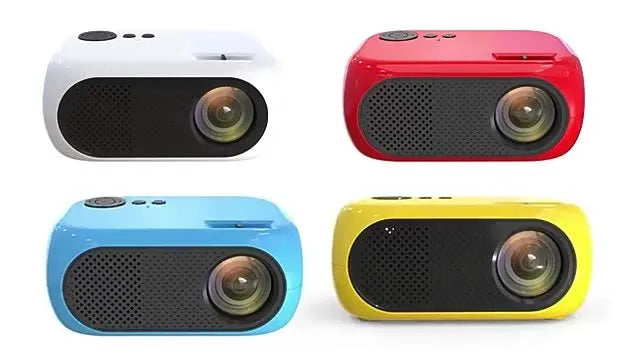 M24 gold and white portable mini LED projector with remote on a wooden table.