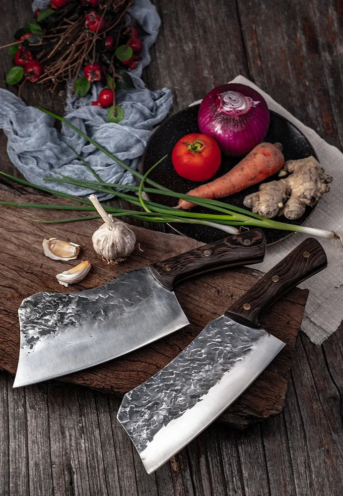 Professional chef knife with 20cm stainless steel blade and antique wenge wood handle with copper nails