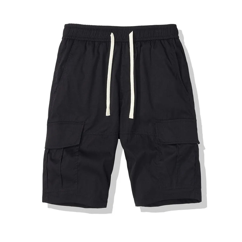 Men's multi-pocket loose cropped pants in polyester for summer outdoor leisure and casual wear, available in sizes S to 3XL and colours including black, dark blue, dark grey, khaki, and brick red