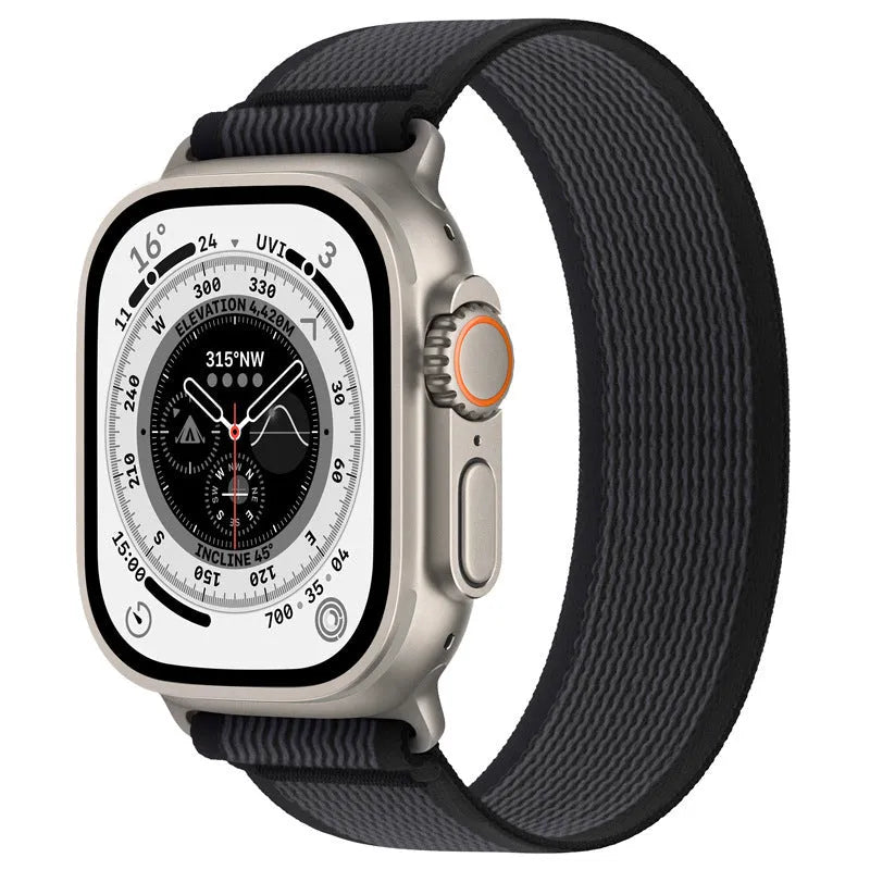 Nylon Apple Watch strap with single-ring closure in black and grey colour combination.