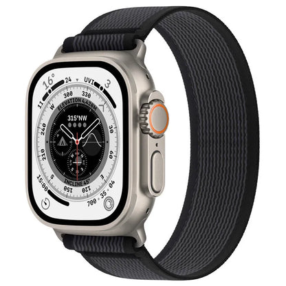 Nylon Apple Watch strap with single-ring closure in black and grey colour combination.