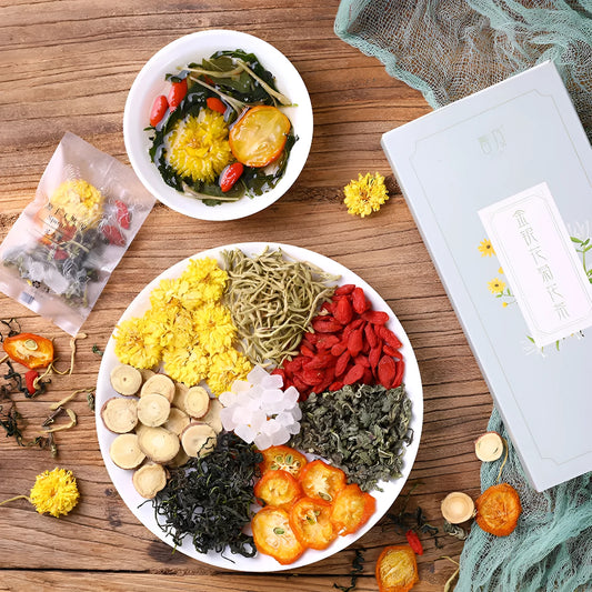 Honeysuckle chrysanthemum herbal tea boxes showing different packaging options with tea cup gifts