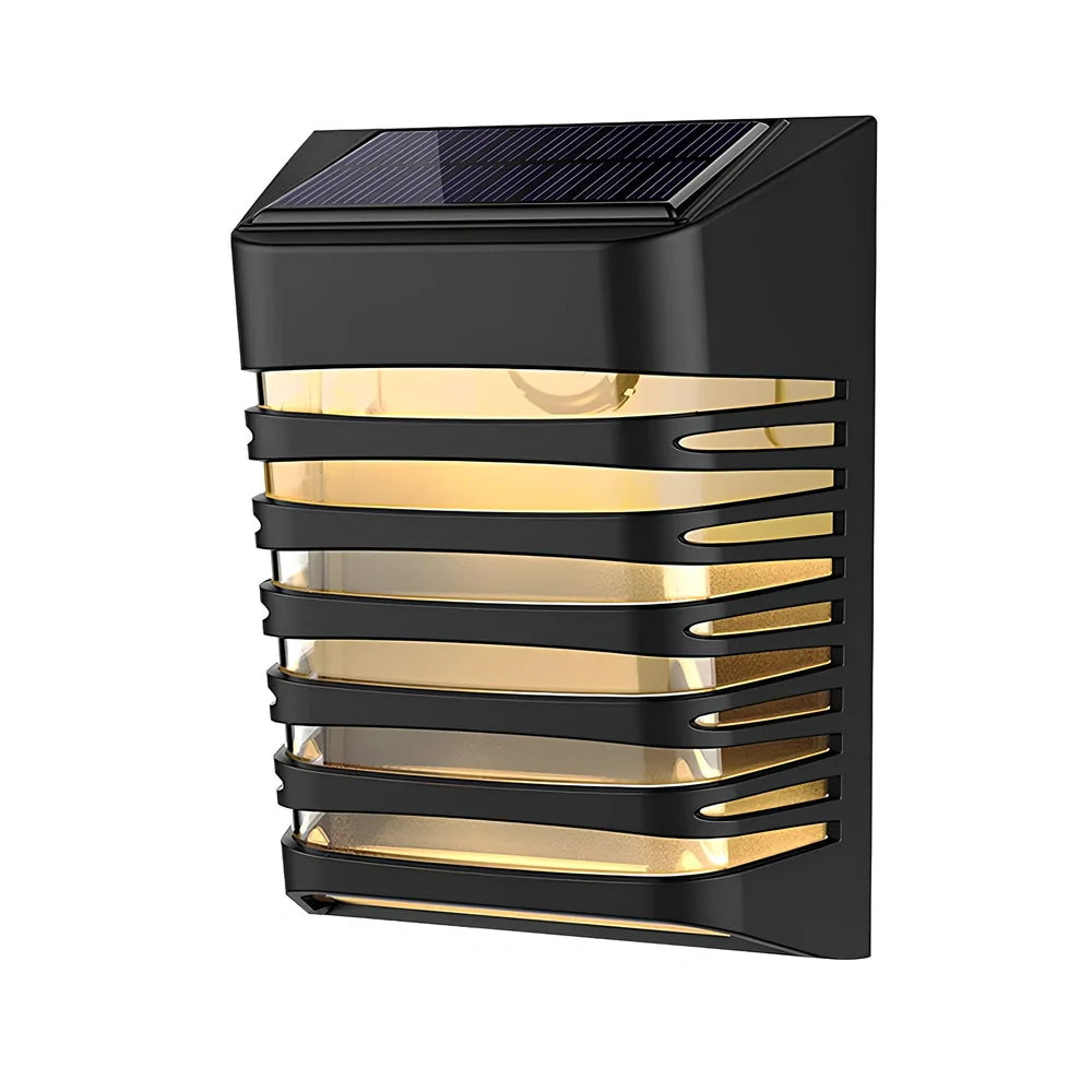 Black solar wall lamp with polycrystalline silicon panel measuring 90x20x53mm for outdoor garden lighting