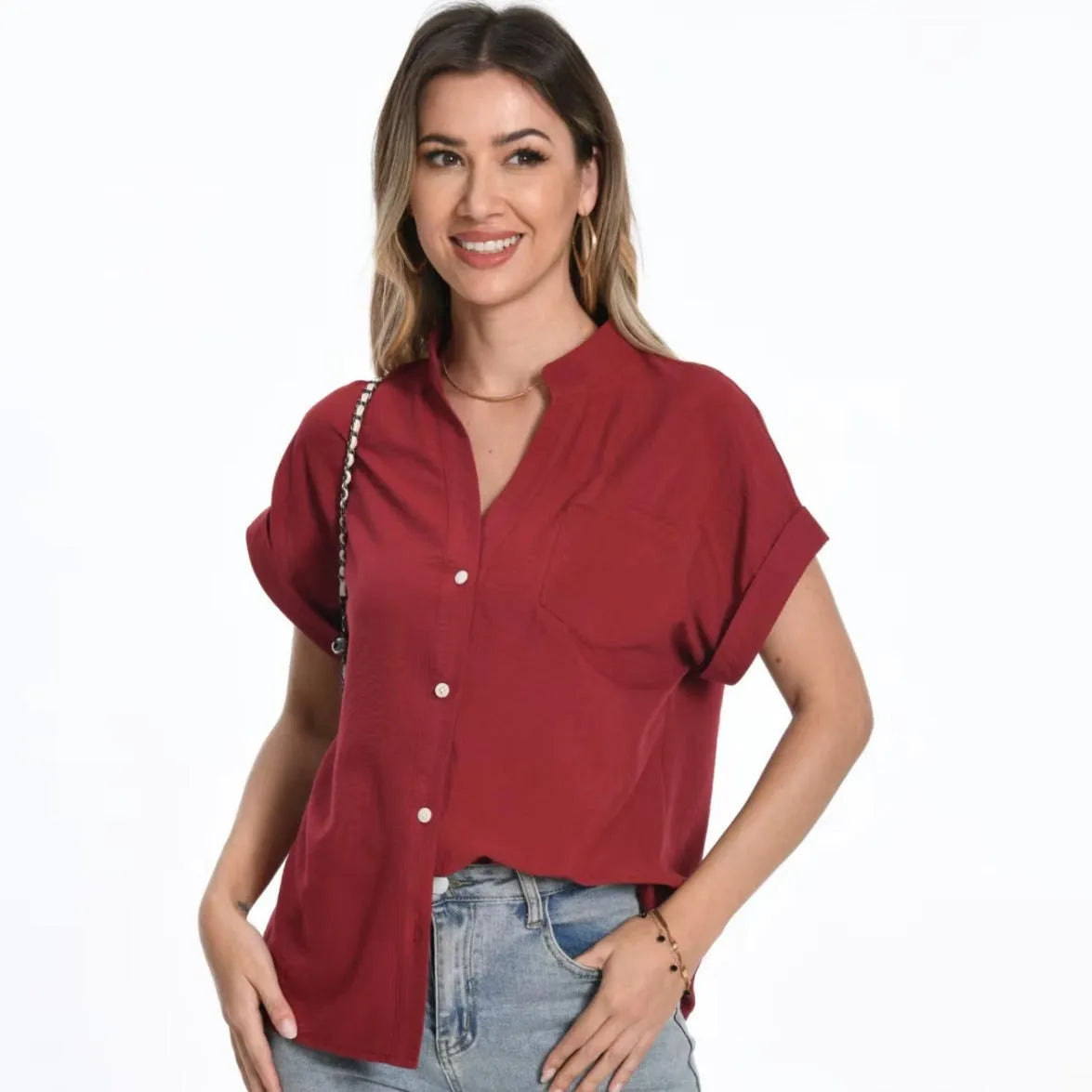 Women's loose-fit short sleeve top with stand collar and button front in army green