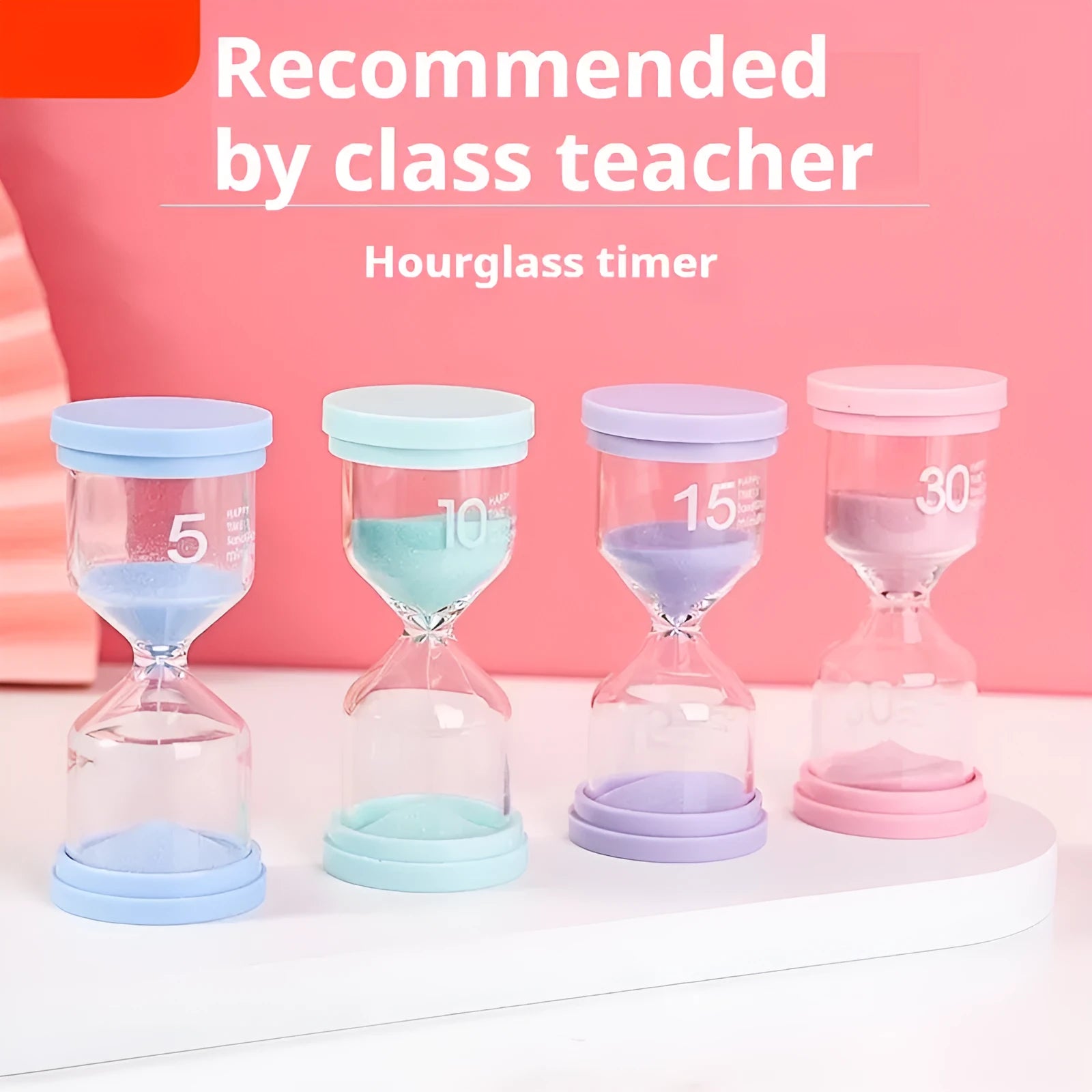 Glass sand timer with coloured quicksand in blue, green, pink, or purple options for 5-30 minute timing