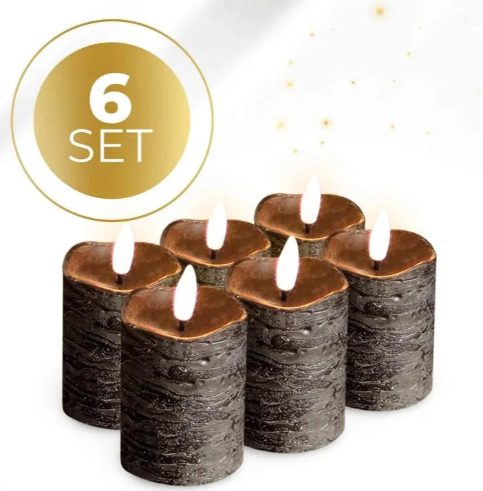 Black LED pillar candle measuring 5cm diameter by 7cm height with 4 lighting modes