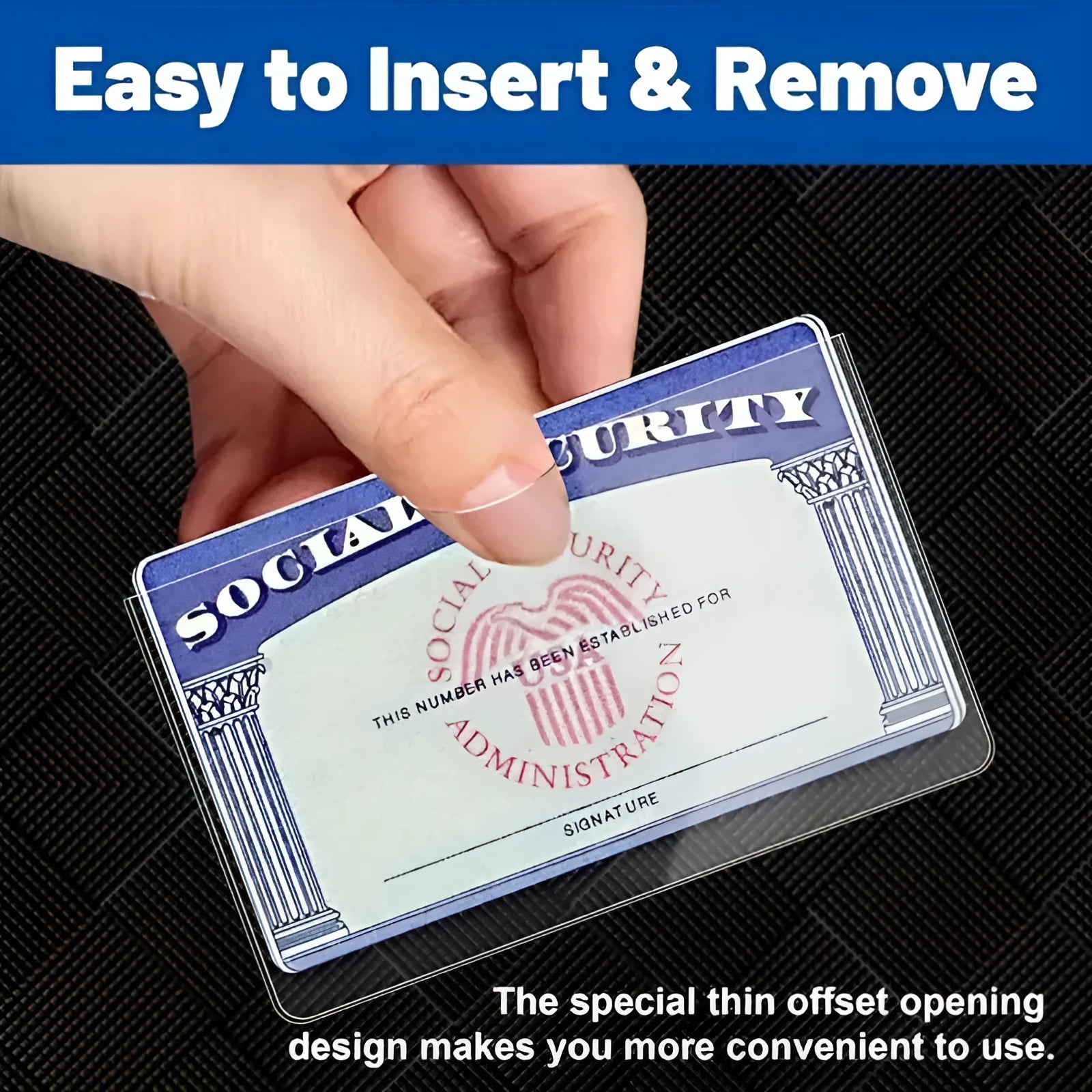 Clear PVC waterproof social security card holder showing size compared to a credit card.