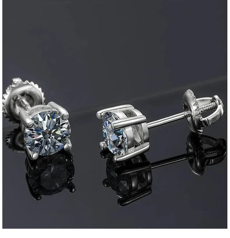 Geometric silver screw back moissanite stud earrings with four claw setting and certificate