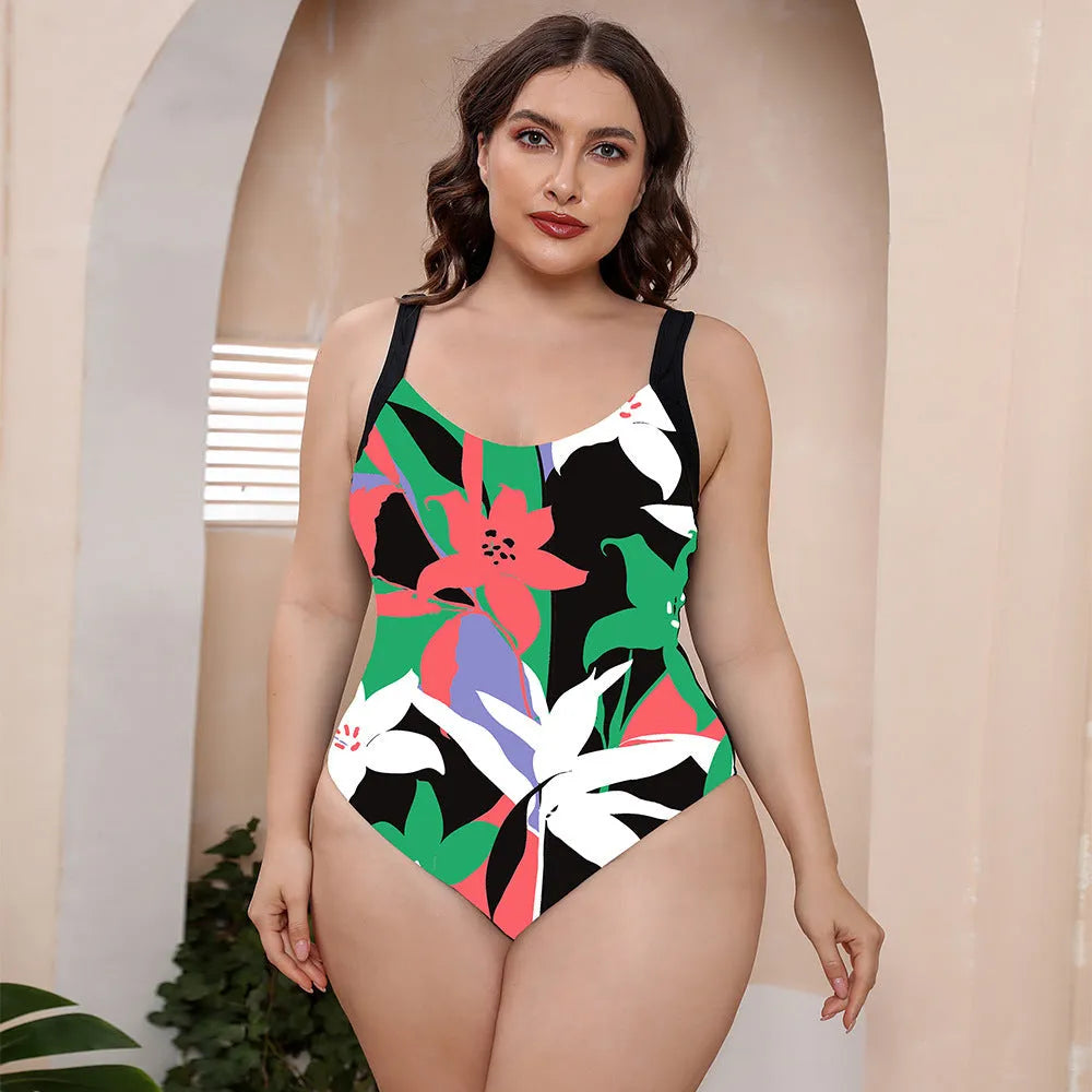 Conservative one-piece swimsuit with vest top and floral print for swimming and hot springs