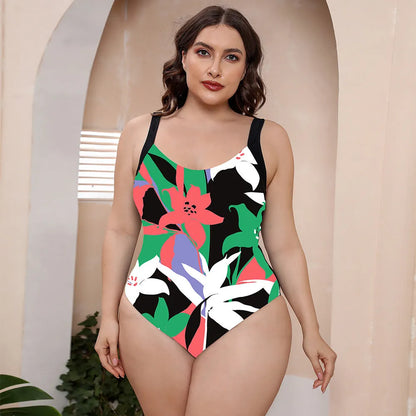 Conservative one-piece swimsuit with vest top and floral print for swimming and hot springs