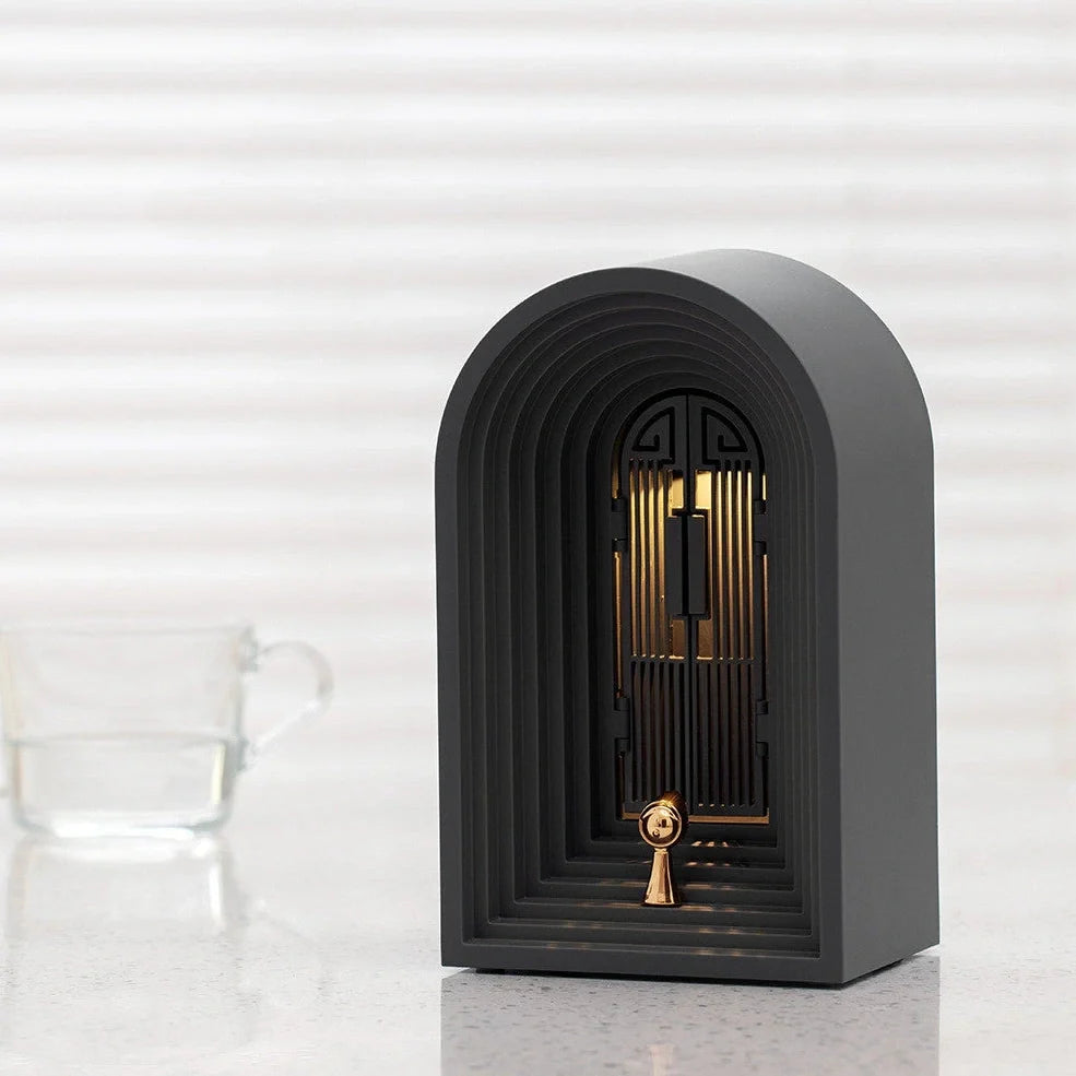 Nordic LED table lamp in grey with Bluetooth speaker, dimmable warm white light, 124x90x205mm dimensions