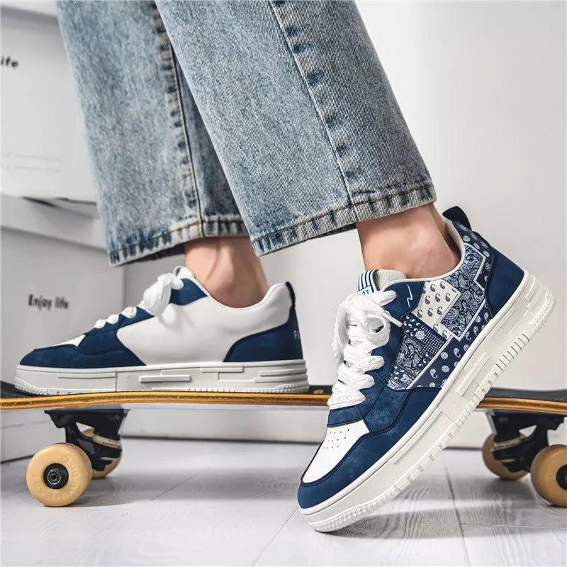 Male Student Sports Casual Shoes in beige, white and blue, and beige and black with mesh lining and rubber sole