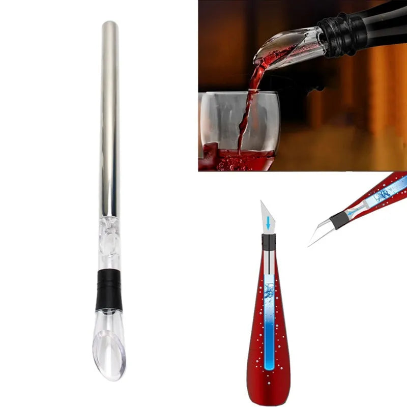 Stainless steel wine chilling rod with acrylic aerator pourer for cooling bottles from inside