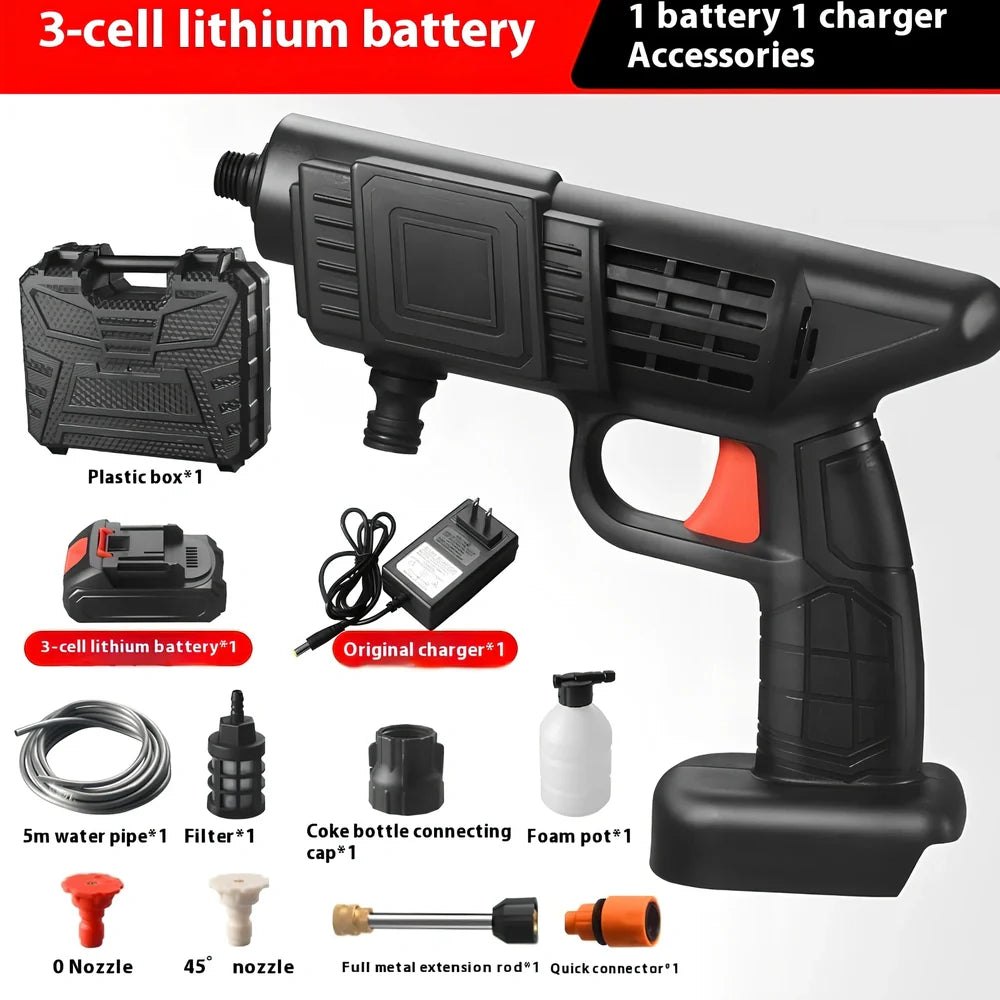 Cordless electric car washing machine with aluminium alloy head and ABS handle, showing nozzle attachments