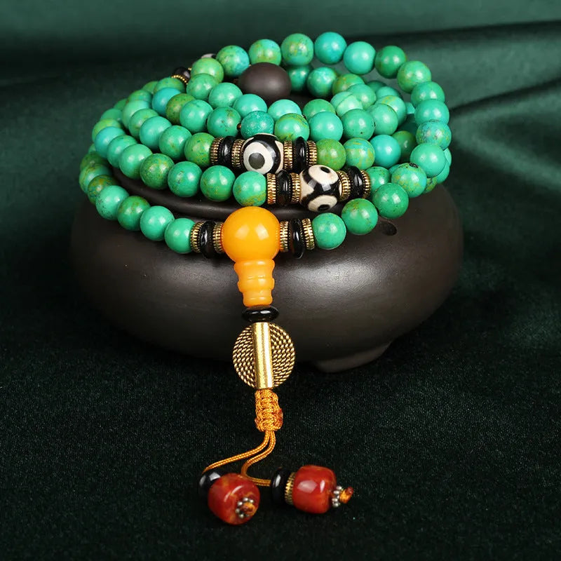 Natural turquoise bracelet with 108 polished 8mm round beads in national folk style